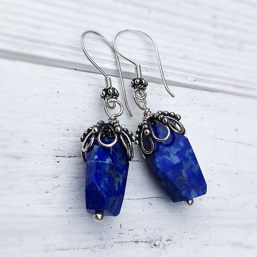 Artisan Sterling Silver & Chunky Lapis Lazuli Earrings, Antiqued Silver Accents, Unusual, Breathtaking, Deep Azure Blue, Statement Earrings