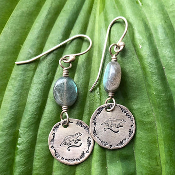 Artisan Sterling Silver & Labradorite Hand Stamped HONEY BADGER with Sterling Earwires Drop Dangle Earrings