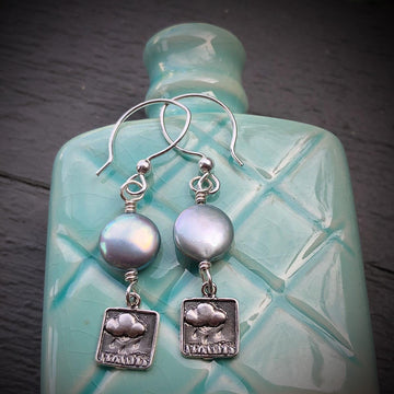 Artisan Sterling Silver and Blue Coin Pearl Earrings, Sterling Silver Rain Cloud Charm Earrings, Unique and OOAK, Handmade, Ear Wires