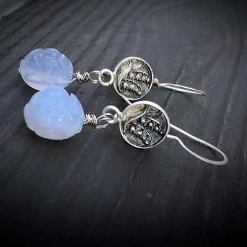 Artisan Sterling Silver and Chalcedony Blue Bell earrings, carved Agate, AAA Blue Chalcedony, Unique and Secure Earwires, Handmade