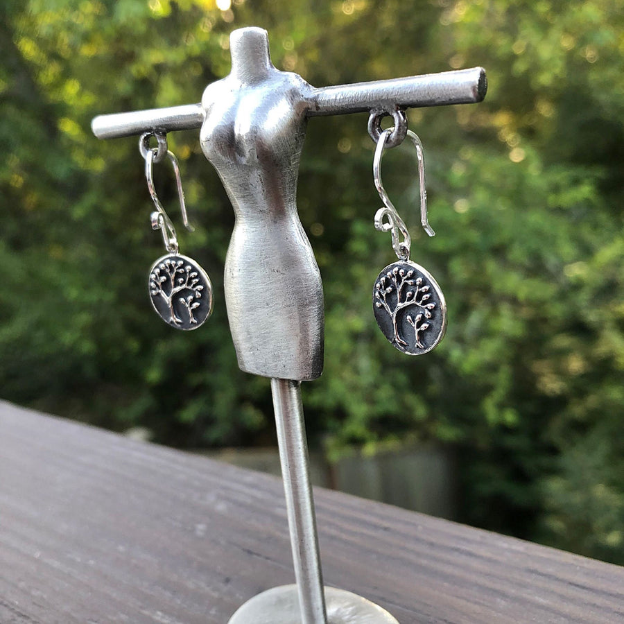 Artisan Sterling Silver Relief Oxidized Tree Earrings, Fancy Earwires, Simple and Classy, Perfect for All Occasion Silver Earrings Ear Wires