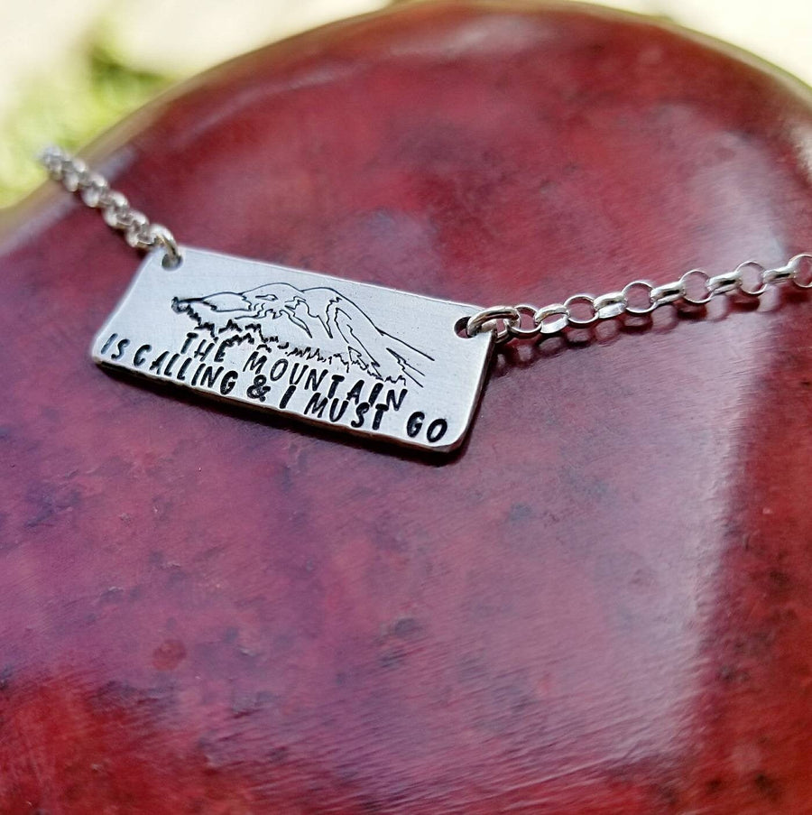 Artisan Stamped Mt Rainier Mountain Washington Scene Pendant Necklace, Inspirational, Camping Hiking, Sterling Silver,  Mount Ranier Seattle