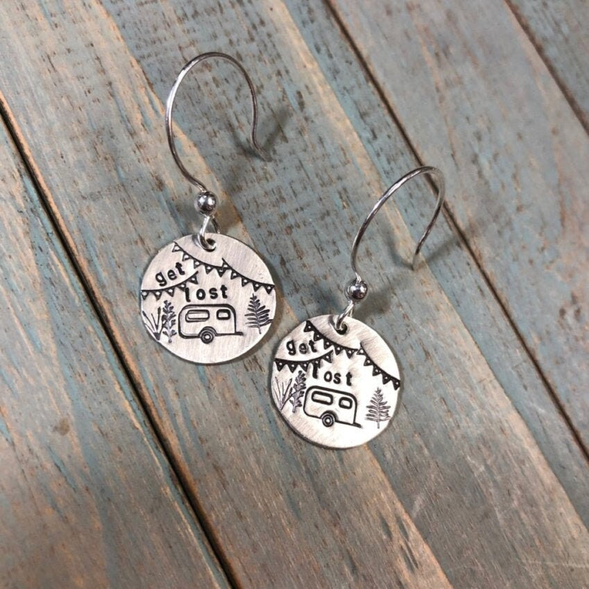 Artisan Sterling Silver Little Stamped Camper Earrings, Trailer Earrings, Camping Earrings, Minimalist, Ear Wire, Round, RV, Hiker, Glamping