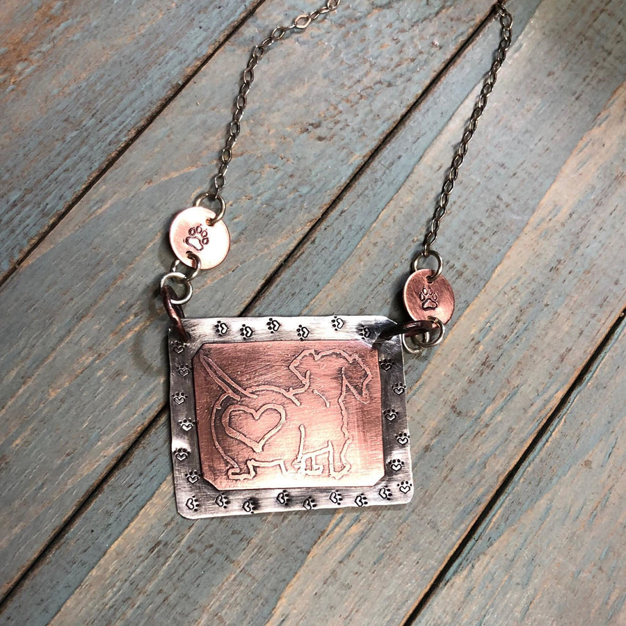 Artisan Sterling Silver and Etched Copper Necklace Pendant, Daschund, Doxie, Cute Butt, Paws, Paw Print, Dog Lover, Metalsmith Mixed Metal