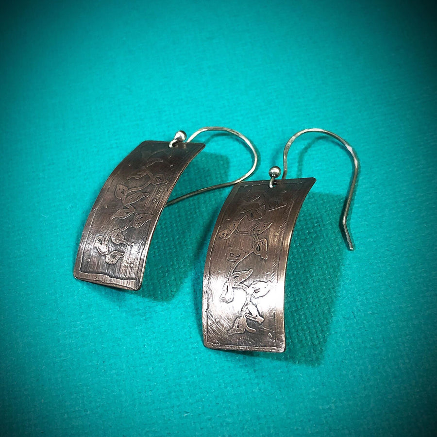 Artisan Sterling Silver and Copper Etched Vine Earrings Versatile Classy Statement One of a Kind Rectangle & Curved Shape Sterling Ear wires