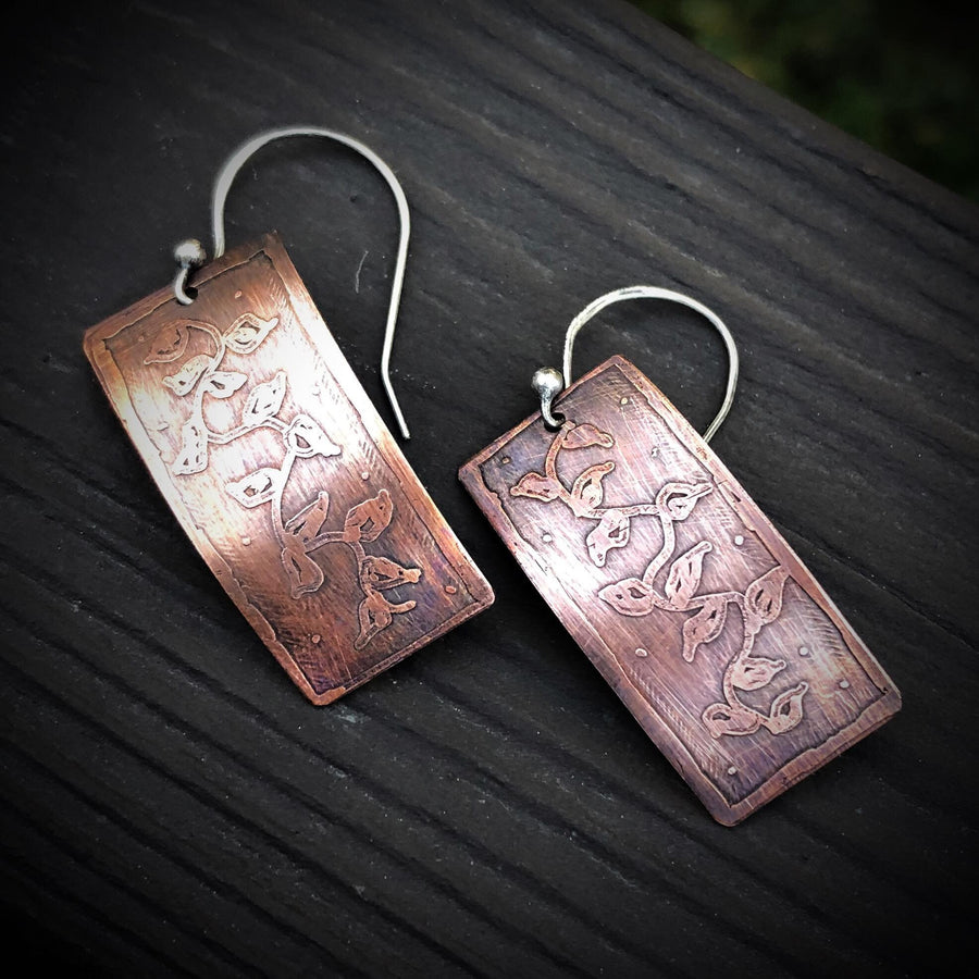 Artisan Sterling Silver and Copper Etched Vine Earrings Versatile Classy Statement One of a Kind Rectangle & Curved Shape Sterling Ear wires