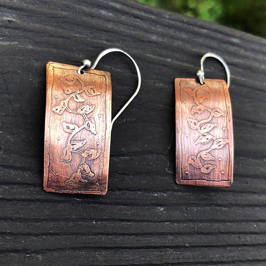 Artisan Sterling Silver and Copper Etched Vine Earrings Versatile Classy Statement One of a Kind Rectangle & Curved Shape Sterling Ear wires