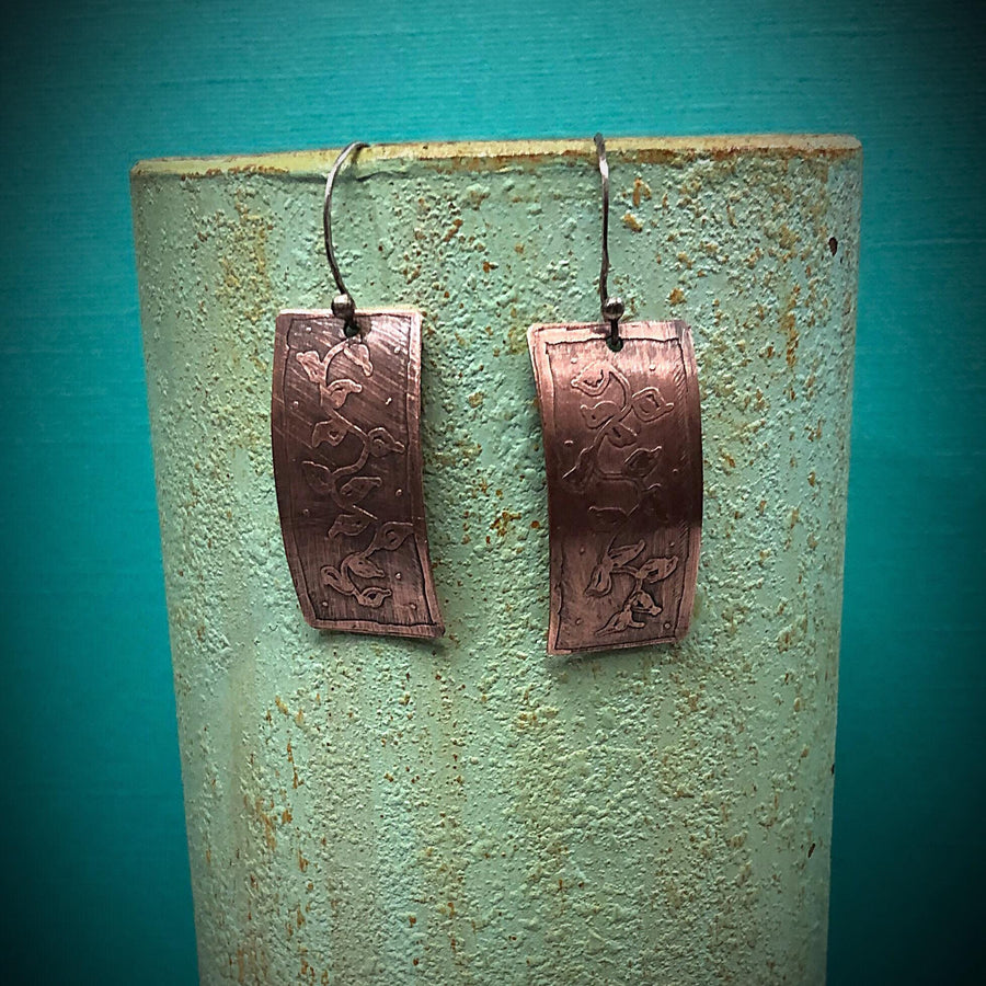 Artisan Sterling Silver and Copper Etched Vine Earrings Versatile Classy Statement One of a Kind Rectangle & Curved Shape Sterling Ear wires