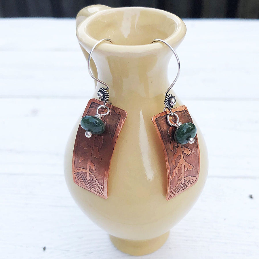 Artisan Sterling Silver and Copper Etched Green Jade Evergreen Earrings Pine Tree Statement One of a Kind Rectangle Curved Shape Classy