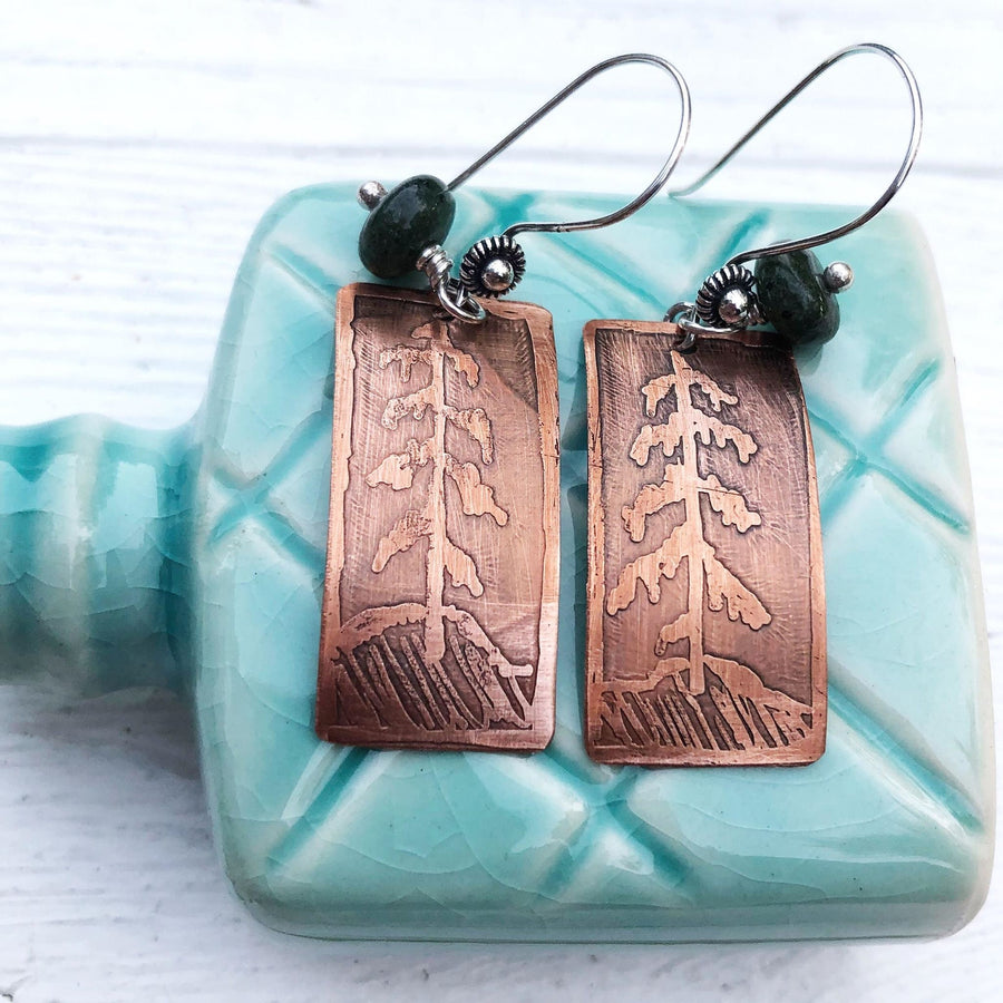 Artisan Sterling Silver and Copper Etched Green Jade Evergreen Earrings Pine Tree Statement One of a Kind Rectangle Curved Shape Classy