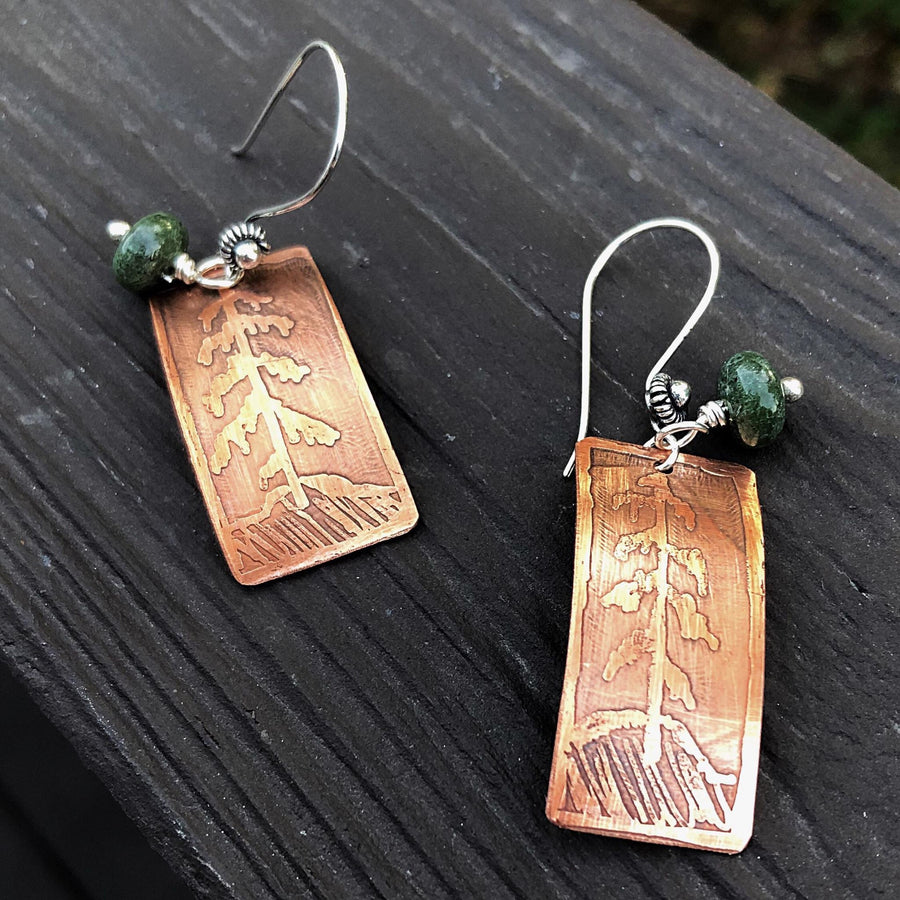 Artisan Sterling Silver and Copper Etched Green Jade Evergreen Earrings Pine Tree Statement One of a Kind Rectangle Curved Shape Classy