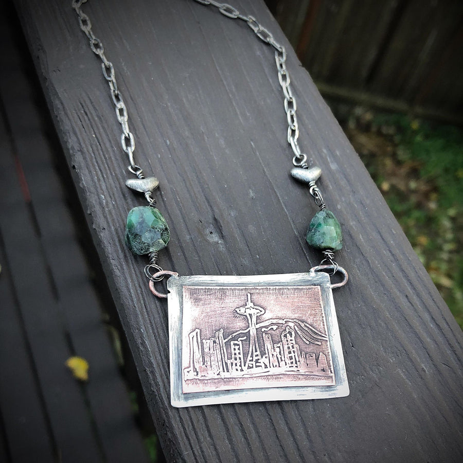 Artisan Sterling Silver and Etched Copper Necklace Pendant, Seattle Skyline, The Emerald City, Metalsmith, Mixed Metal, Washington, Rainier