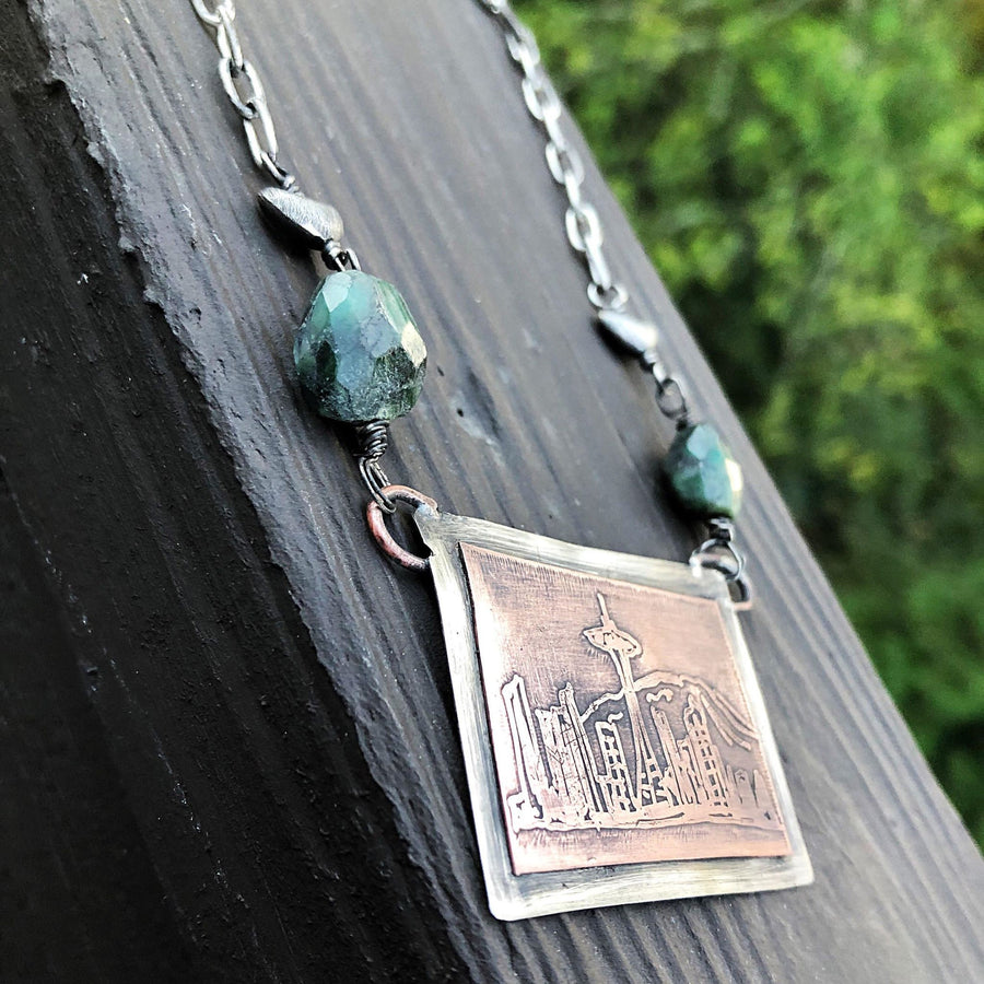 Artisan Sterling Silver and Etched Copper Necklace Pendant, Seattle Skyline, The Emerald City, Metalsmith, Mixed Metal, Washington, Rainier