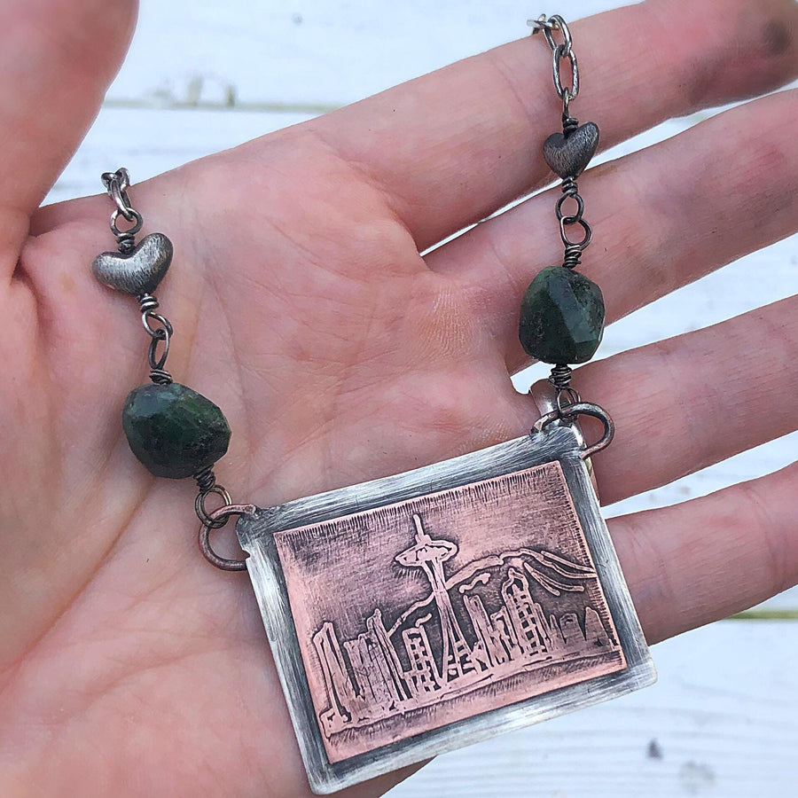 Artisan Sterling Silver and Etched Copper Necklace Pendant, Seattle Skyline, The Emerald City, Metalsmith, Mixed Metal, Washington, Rainier