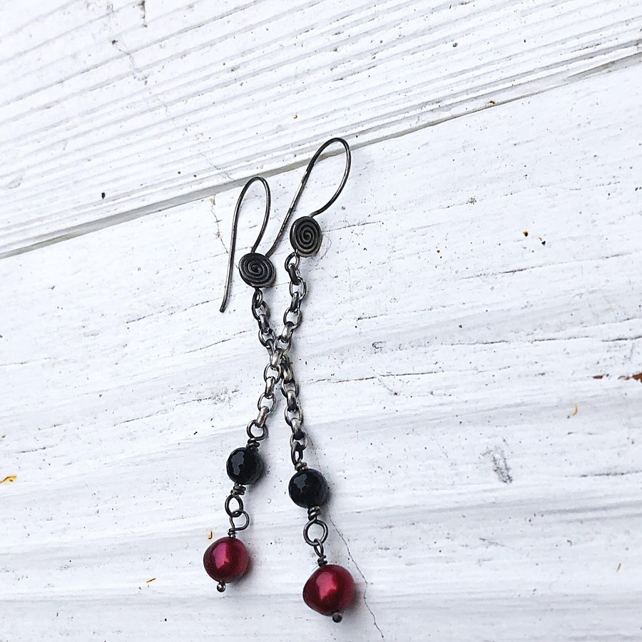 Artisan Sterling Silver long line chain earrings with faceted black onyx and red pearls, minimalist & classy, antiqued ear wires with spiral