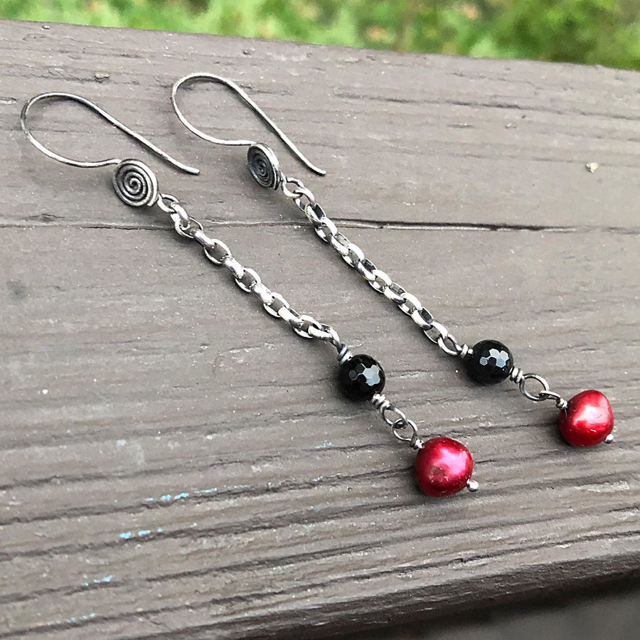 Artisan Sterling Silver long line chain earrings with faceted black onyx and red pearls, minimalist & classy, antiqued ear wires with spiral