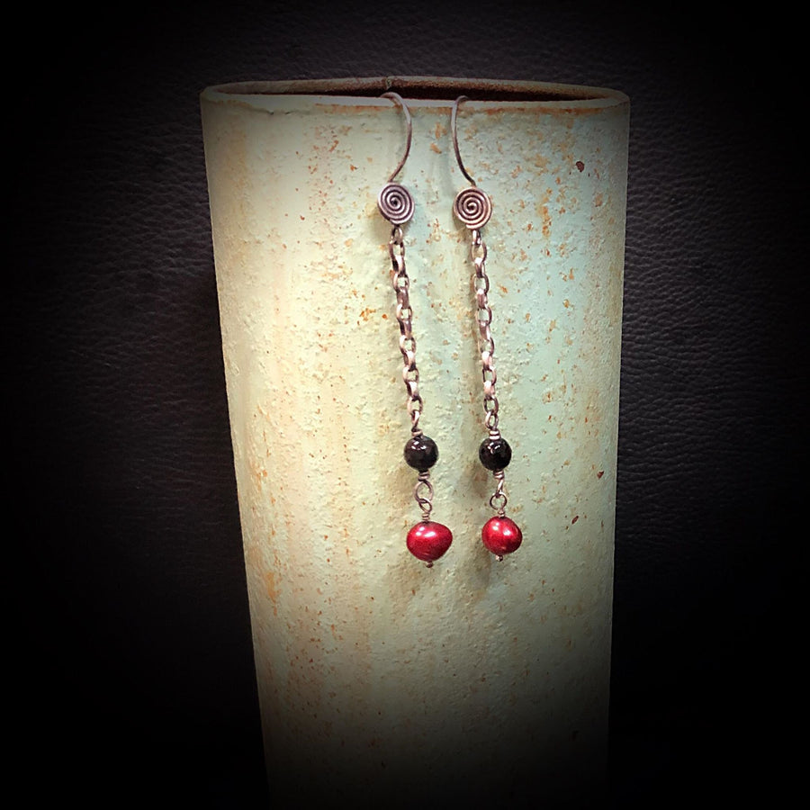 Artisan Sterling Silver long line chain earrings with faceted black onyx and red pearls, minimalist & classy, antiqued ear wires with spiral