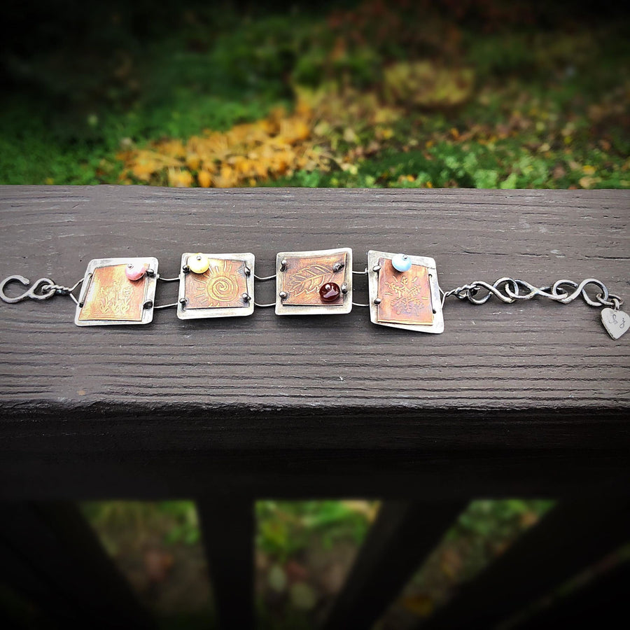 Artisan Sterling Silver and Etched Copper Seasons Bracelet - Metalsmith - One of a Kind - Peruvian Opal Accents - Unique, One of a Kind OOAK