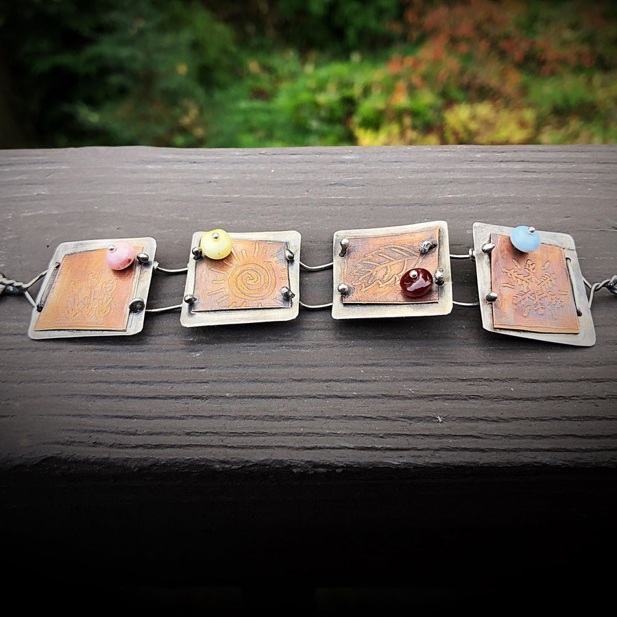 Artisan Sterling Silver and Etched Copper Seasons Bracelet - Metalsmith - One of a Kind - Peruvian Opal Accents - Unique, One of a Kind OOAK