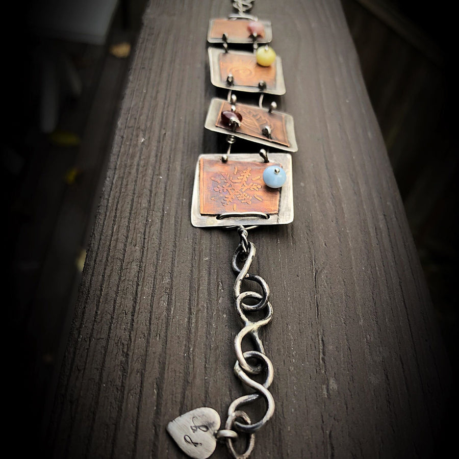 Artisan Sterling Silver and Etched Copper Seasons Bracelet - Metalsmith - One of a Kind - Peruvian Opal Accents - Unique, One of a Kind OOAK