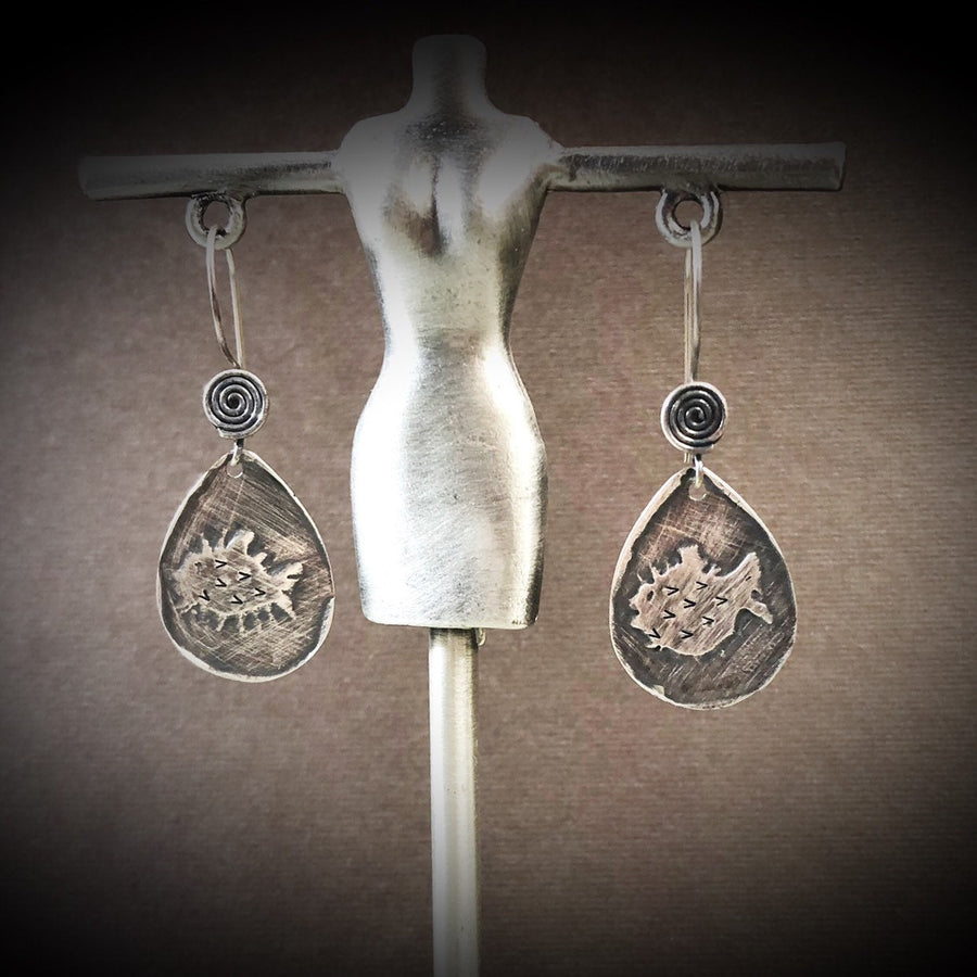 Artisan Sterling Silver Etched Blowfish Puffer Fish Blow Fish  Fun Unique Earrings Statement One of a Kind Classy Etched Silver Earrings