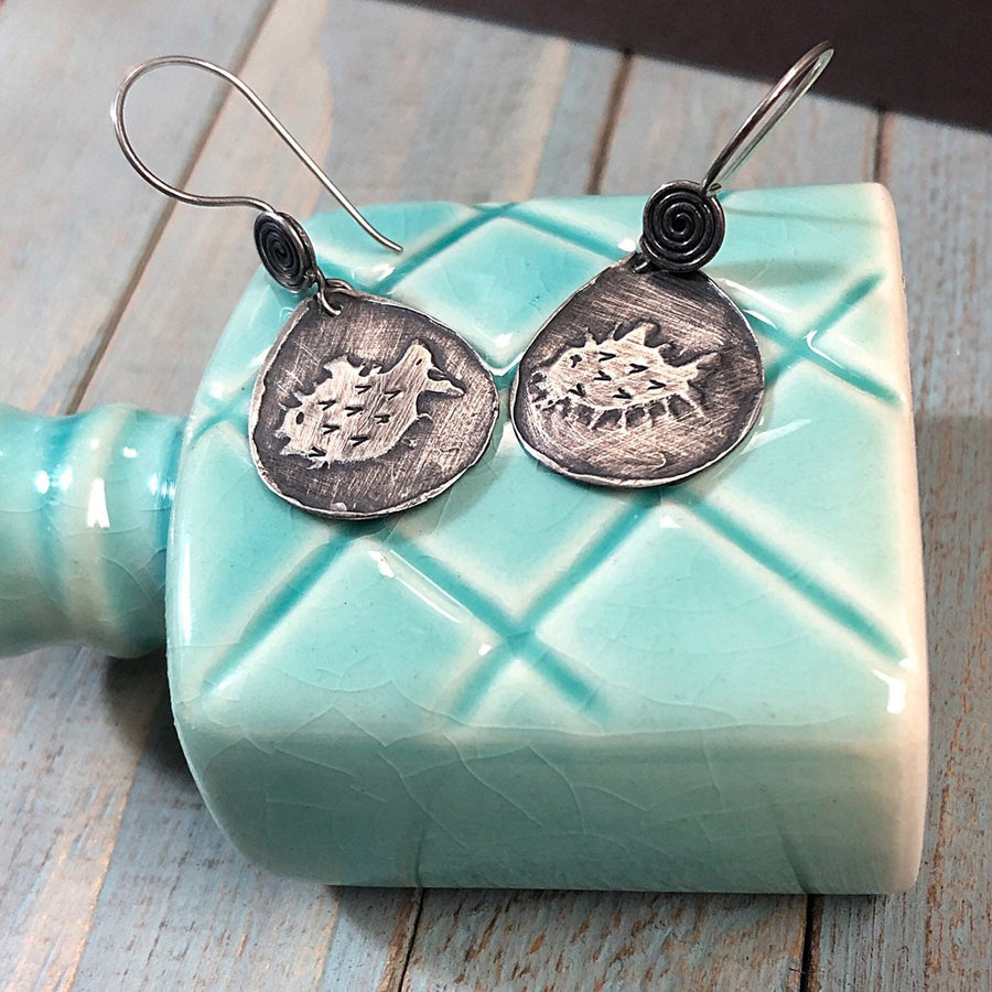 Artisan Sterling Silver Etched Blowfish Puffer Fish Blow Fish  Fun Unique Earrings Statement One of a Kind Classy Etched Silver Earrings