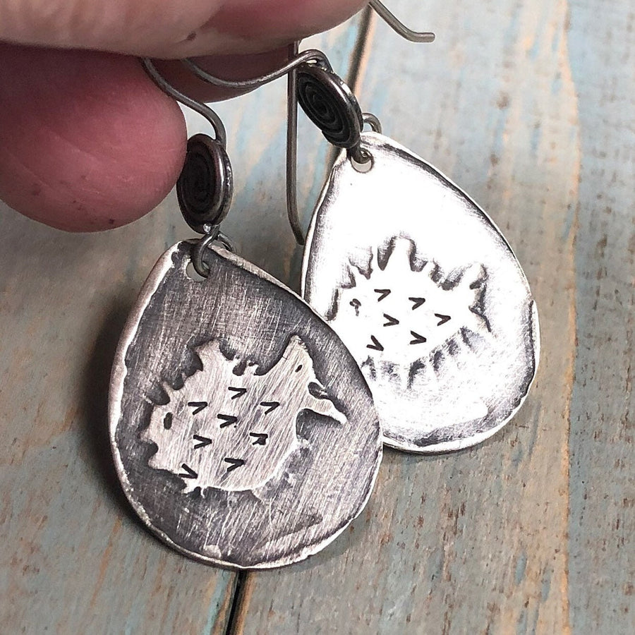 Artisan Sterling Silver Etched Blowfish Puffer Fish Blow Fish  Fun Unique Earrings Statement One of a Kind Classy Etched Silver Earrings