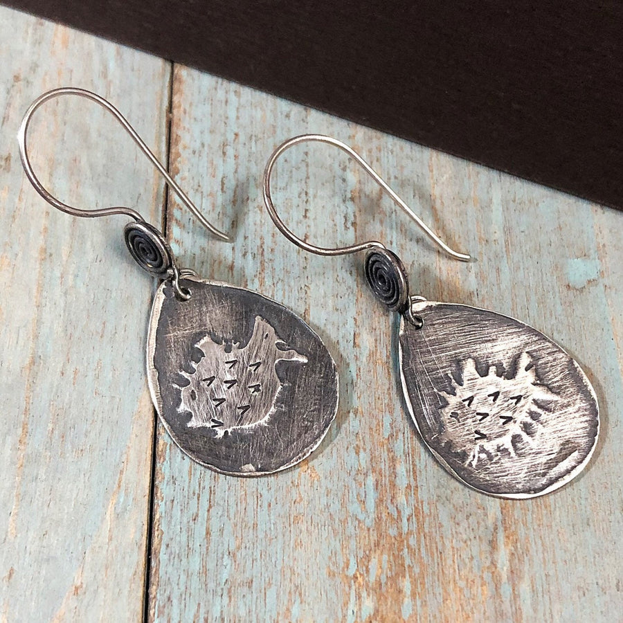 Artisan Sterling Silver Etched Blowfish Puffer Fish Blow Fish  Fun Unique Earrings Statement One of a Kind Classy Etched Silver Earrings