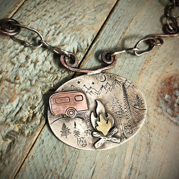 Artisan Sterling Silver with Copper and Brass Accents Camping Necklace Pendant, Wilderness, Mountains, Campfire, Forest, Trailer RV Glamping