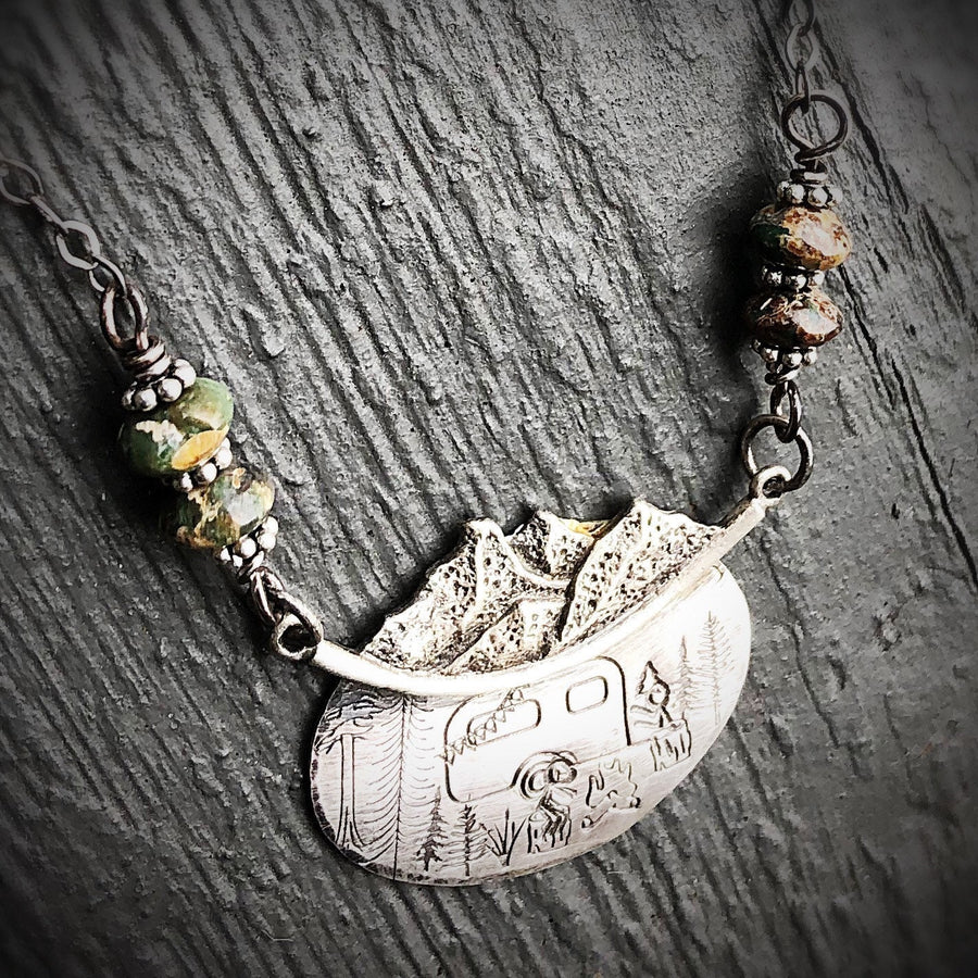 Artisan Sterling Silver Camping Necklace Pendant, Wilderness, Mountains, Campfire, Forest, Trailer RV, Glamping, Jasper, Metalsmith