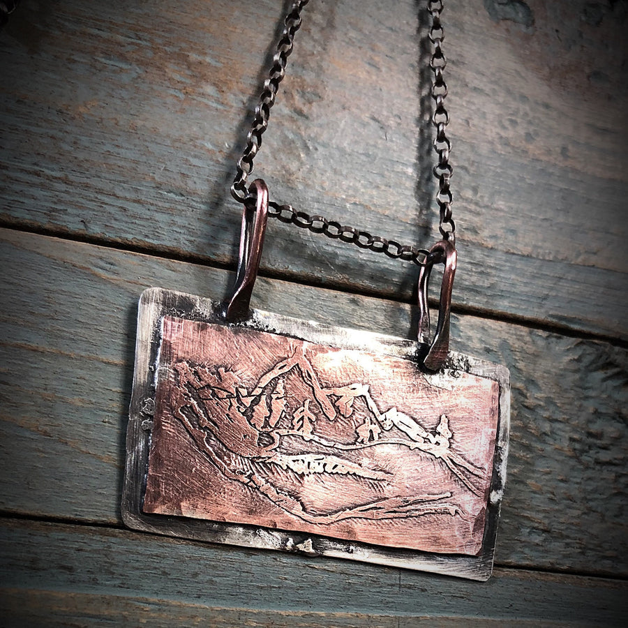 Artisan Sterling Silver and Etched Hand Drawn Copper Mountains in her Hand Pendant, Unique, One of a Kind OOAK, Rustic, Outdoors