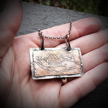 Artisan Sterling Silver and Etched Hand Drawn Copper Mountains in her Hand Pendant, Unique, One of a Kind OOAK, Rustic, Outdoors