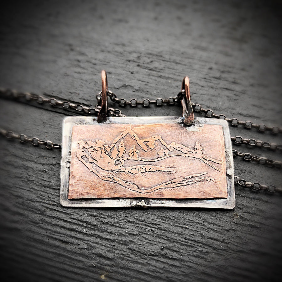 Artisan Sterling Silver and Etched Hand Drawn Copper Mountains in her Hand Pendant, Unique, One of a Kind OOAK, Rustic, Outdoors