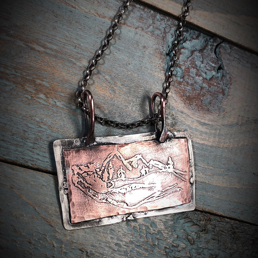 Artisan Sterling Silver and Etched Hand Drawn Copper Mountains in her Hand Pendant, Unique, One of a Kind OOAK, Rustic, Outdoors