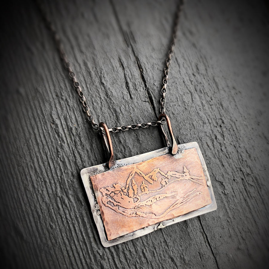 Artisan Sterling Silver and Etched Hand Drawn Copper Mountains in her Hand Pendant, Unique, One of a Kind OOAK, Rustic, Outdoors