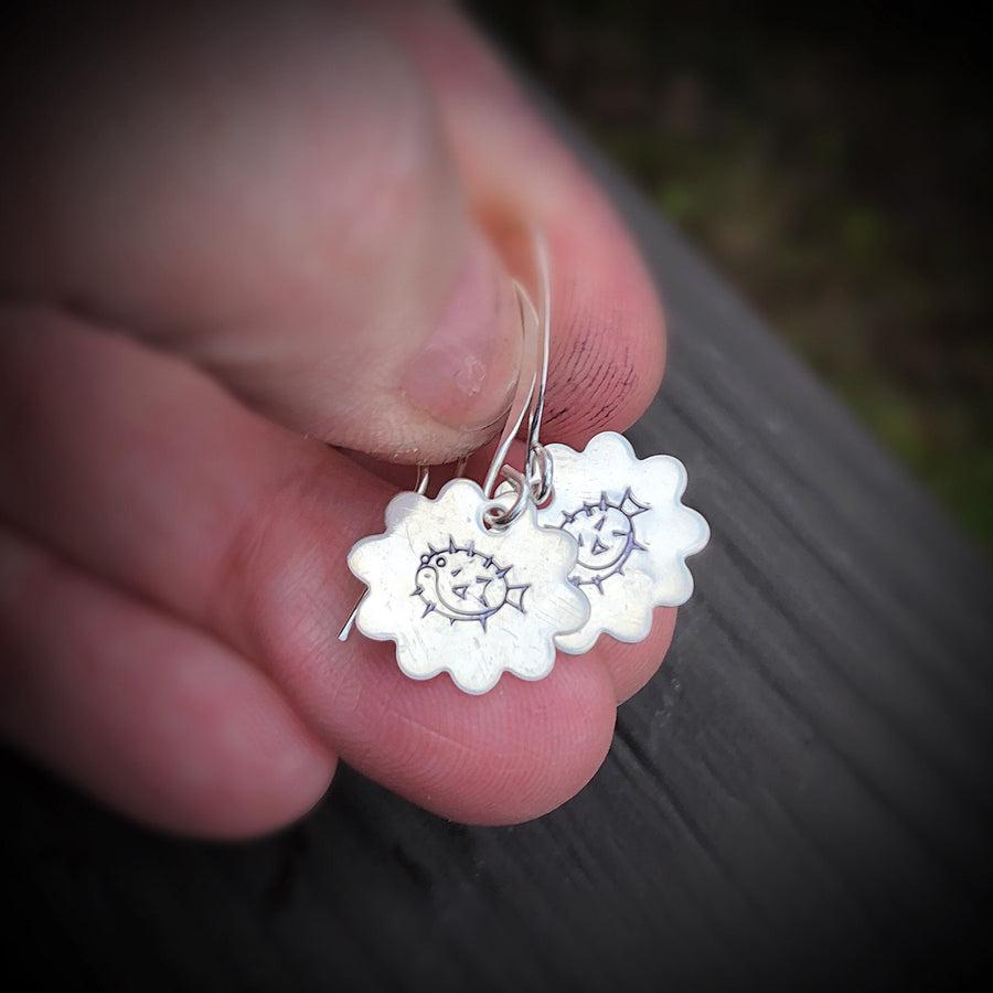 Artisan Sterling Silver Little Blowfish Earrings, Stamped Earrings, Puffer Fish Earrings,Minimalist, Ear Wire, Round, Hook, Unique, Original