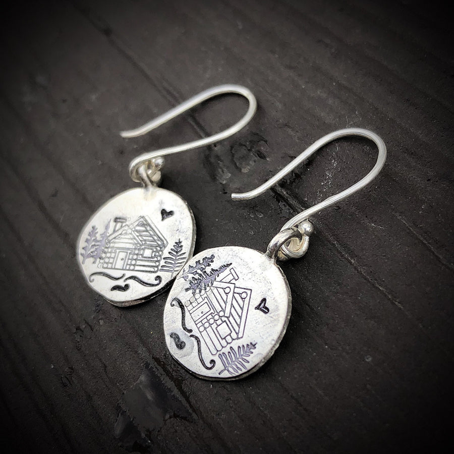 Artisan Sterling Silver Little Log Cabin Earrings, Stamped Earrings, Mountain, Earrings,Minimalist, Ear Wire, Round, Hook, Unique, Original