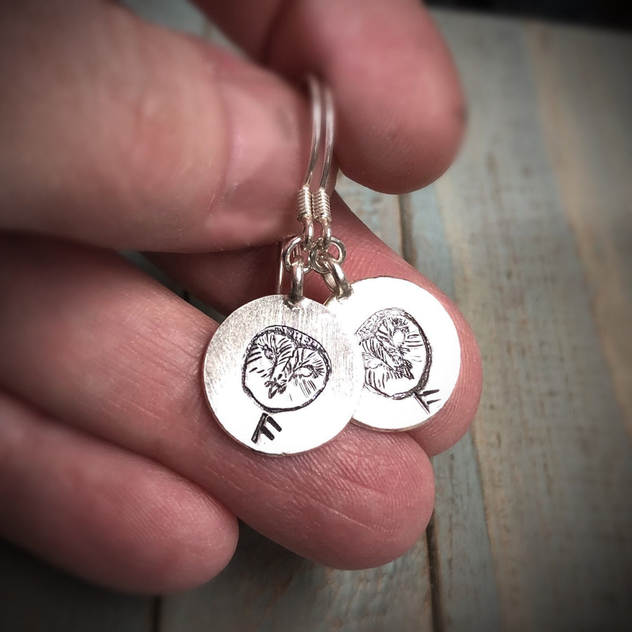 Artisan Sterling Silver Wise Barn Owl Earrings, Stamped Earrings, Rune, Wisdom Runes Earrings,Minimalist, Ear Wire, Unique, Original