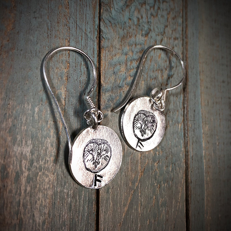 Artisan Sterling Silver Wise Barn Owl Earrings, Stamped Earrings, Rune, Wisdom Runes Earrings,Minimalist, Ear Wire, Unique, Original