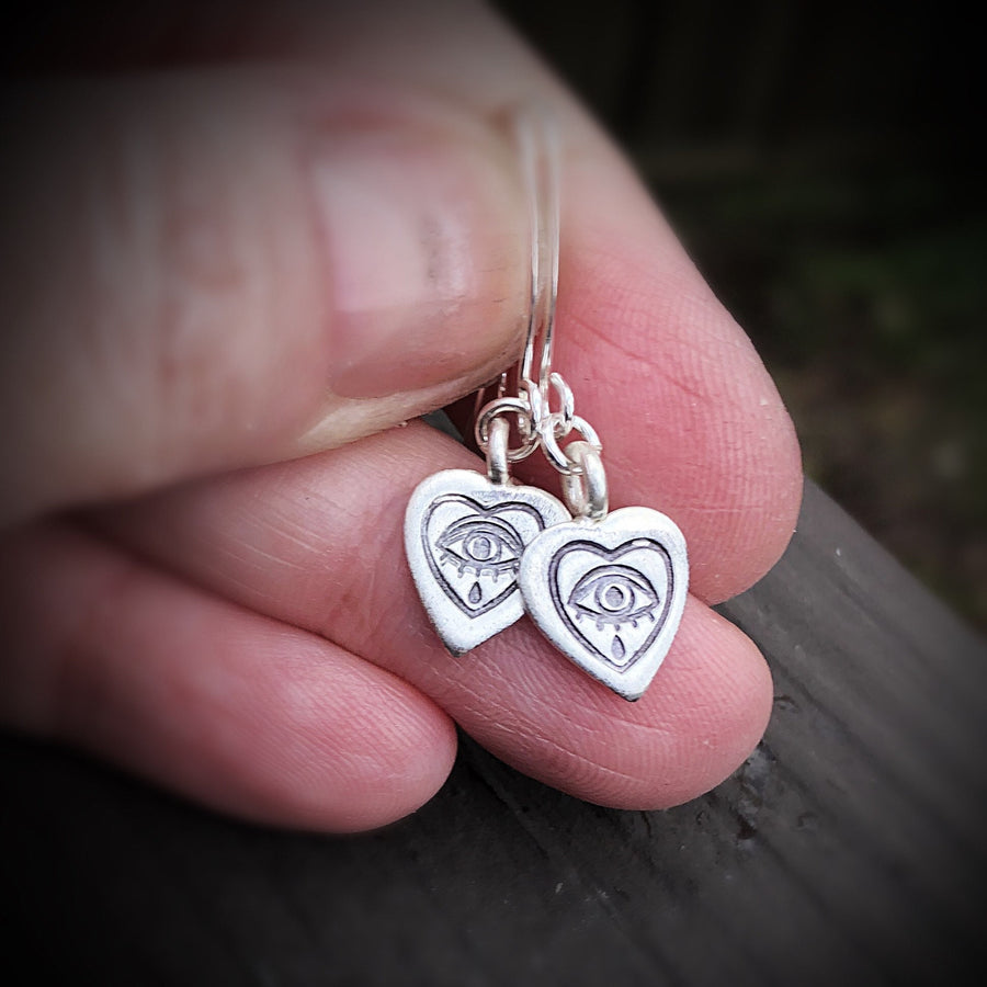 Artisan Sterling Silver Little Crying Heart Stamped Earrings, Pinup, Tattoo,Minimalist, Ear Wire, Round, Hook, Unique, Original