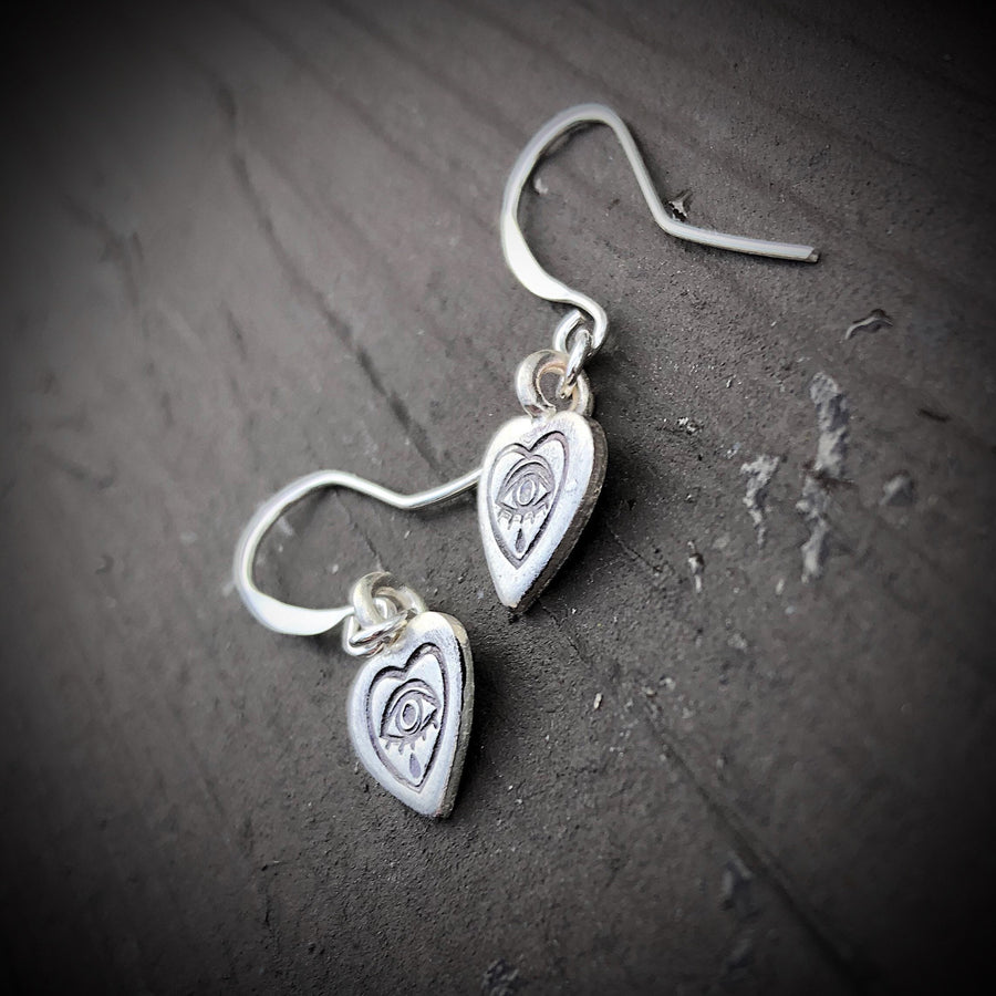 Artisan Sterling Silver Little Crying Heart Stamped Earrings, Pinup, Tattoo,Minimalist, Ear Wire, Round, Hook, Unique, Original