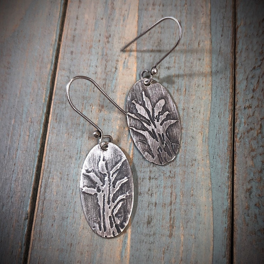 Artisan Sterling Silver Etched Bamboo Design Cattail vegetation Earrings Statement One of a Kind Oval Classy Metalsmith Silversmith