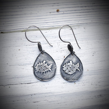 Artisan Sterling Silver Etched Blowfish Puffer Fish Blow Fish  Fun Unique Earrings Statement One of a Kind Classy Etched Silver Earrings