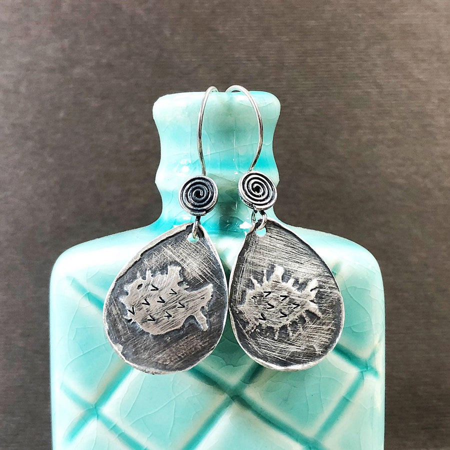 Artisan Sterling Silver Etched Blowfish Puffer Fish Blow Fish  Fun Unique Earrings Statement One of a Kind Classy Etched Silver Earrings