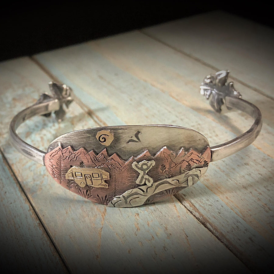 Artisan Sterling Silver & Mixed Metal Bracelet Cuff, Camping, Hiking, Wilderness, Mountains, Rustic, Handmade, Sterling Silver with Accents