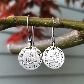 Artisan Sterling Silver Little Stamped Mountain Scene Earrings, Sunset Earrings, Camping Earrings, Minimalist, Ear Wire, Round,