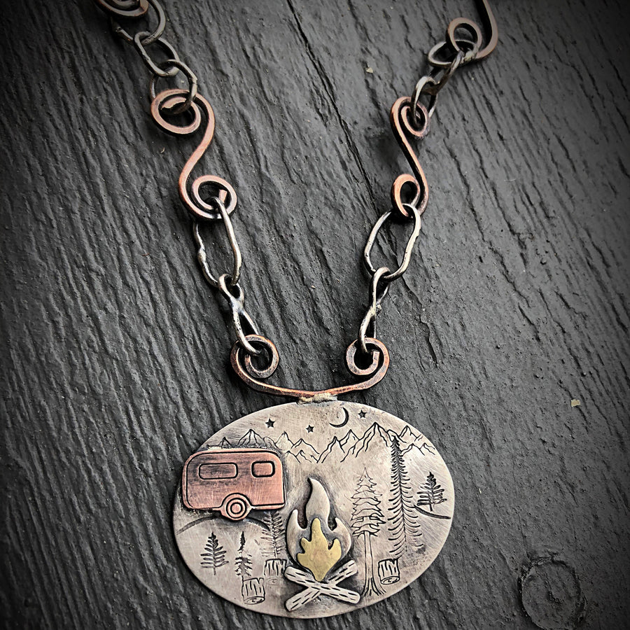 Artisan Sterling Silver with Copper and Brass Accents Camping Necklace Pendant, Wilderness, Mountains, Campfire, Forest, Trailer RV Glamping