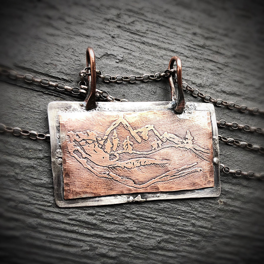 Artisan Sterling Silver and Etched Hand Drawn Copper Mountains in her Hand Pendant, Unique, One of a Kind OOAK, Rustic, Outdoors