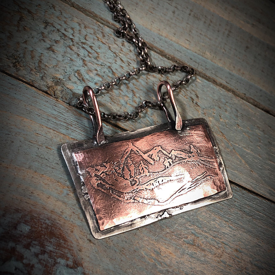 Artisan Sterling Silver and Etched Hand Drawn Copper Mountains in her Hand Pendant, Unique, One of a Kind OOAK, Rustic, Outdoors