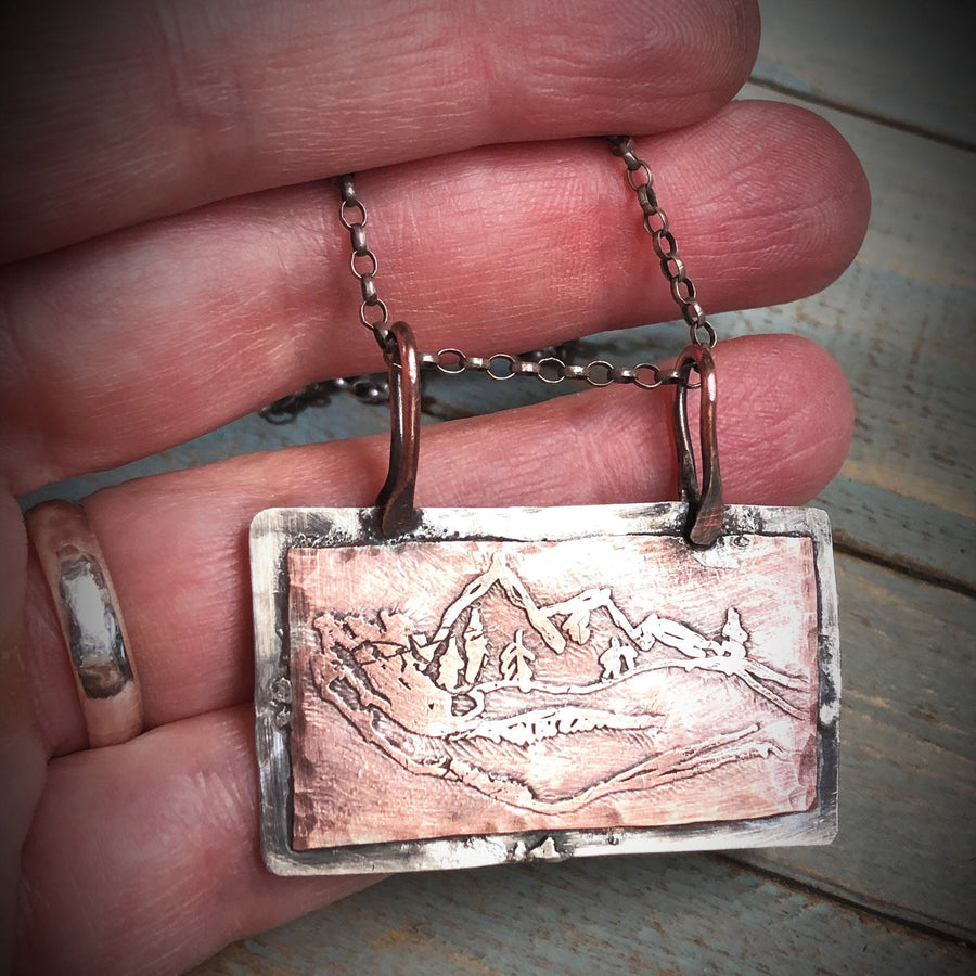 Artisan Sterling Silver and Etched Hand Drawn Copper Mountains in her Hand Pendant, Unique, One of a Kind OOAK, Rustic, Outdoors